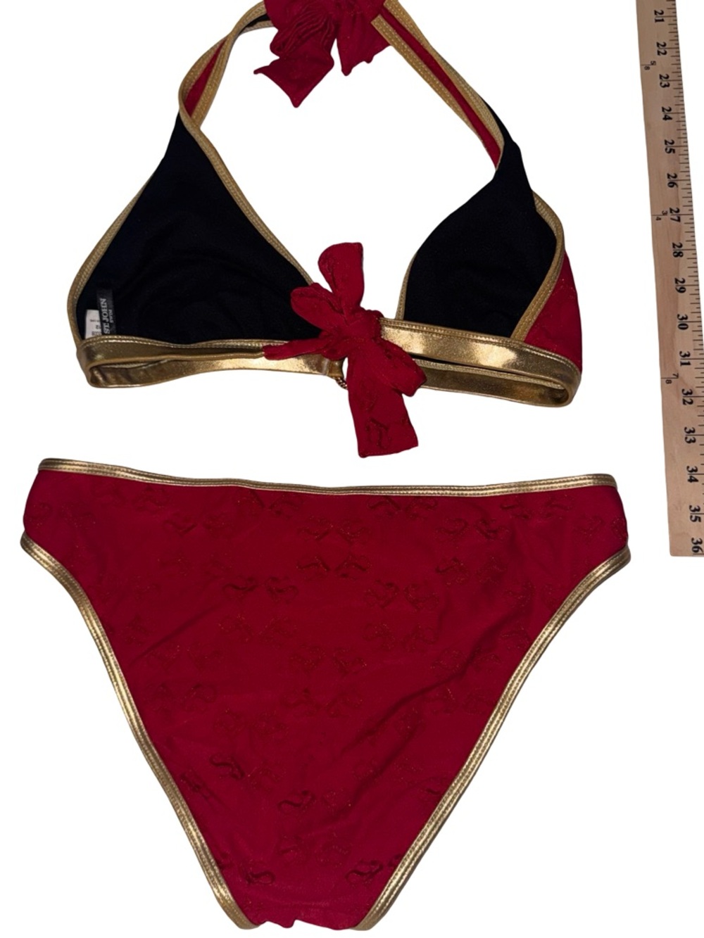 St John Sport Size 12 Top 6 Bottom Bikini Red Gold Ring Halter Luxury Swim Set - Picture 5 of 8